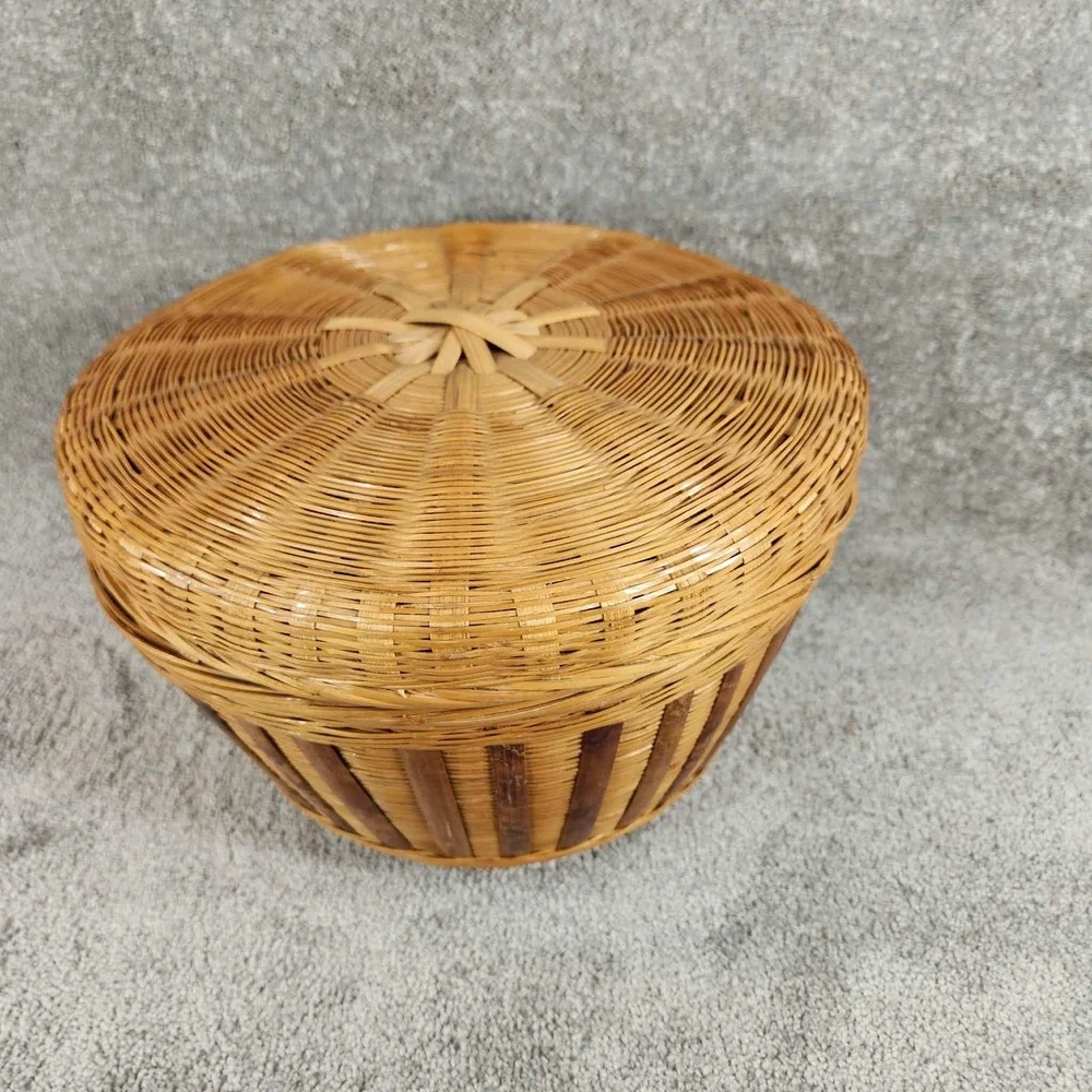 Woven Bamboo Basket Natural Tan Lidded Round Boho Storage Decor
